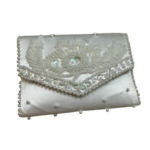 1950’s VINTAGE BON SOIR SILK Ivory Beaded Coin Purse Handmade in Japan Ivory EUC